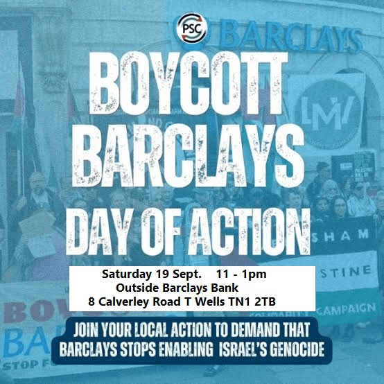 Boycott Barclays Day of Action flyer for Tunbridge Wells on 19 September 2026