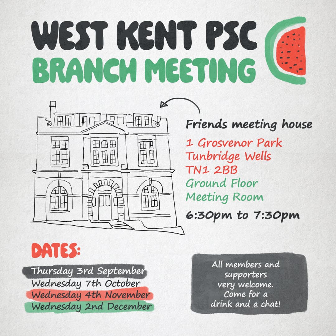 West Kent PSC branch meeting poster: Friends Meeting House, Tunbridge Wells, 6:30pm to 7:30pm, autumn 2026 dates