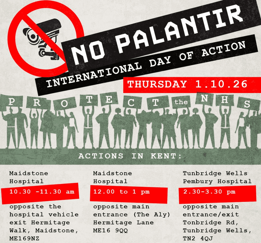 No Palantir International Day of Action poster for Kent hospital pickets on 1 October 2026