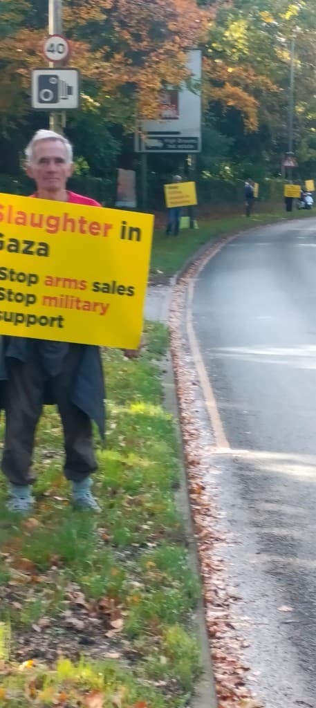 Roadside action near High Brooms with a yellow Slaughter in Gaza Stop arms sales placard
